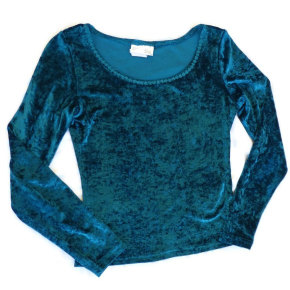 Vintage 80s 90s Crushed Velvet Fitted Stretch Teal Macrame Trim Anchor Blue S - Picture 5 of 8